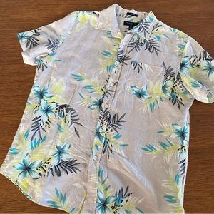 Banana Republic Factory Gray Slim Fit Floral Tropical Linen Shirt